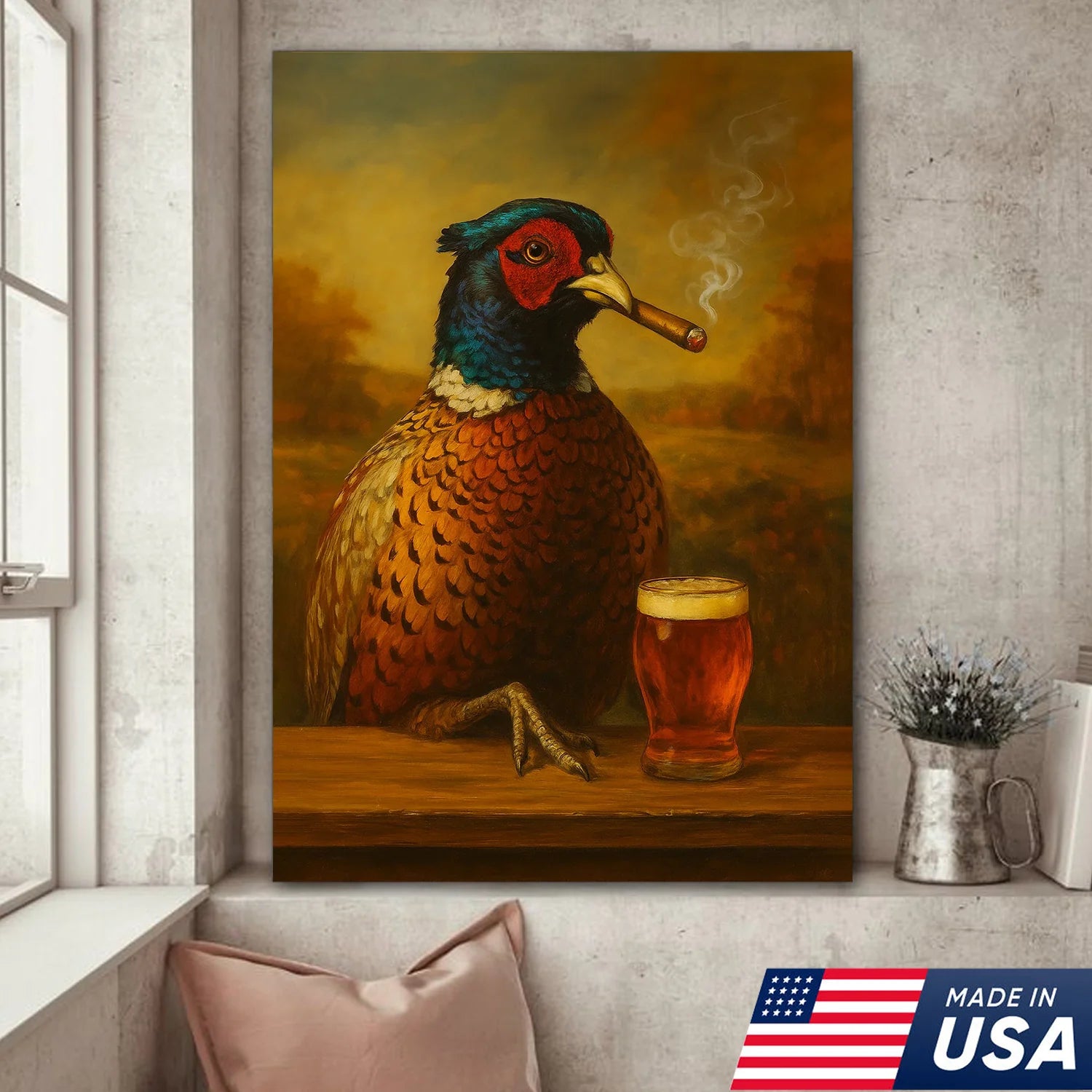 Pheasant Smoking & Cocktail Canvas Wall Art – Rustic Hunting Lodge Decor & Gift for Hunters
