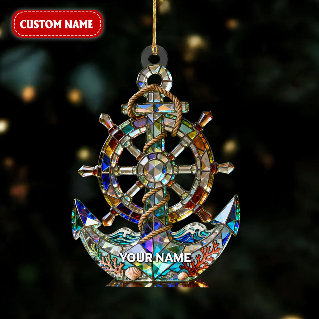 Ocean Voyage Nautical Anchor Crystal Effect Acrylic Ornament, Sailing Presents, Sailor Theme Xmas Decor