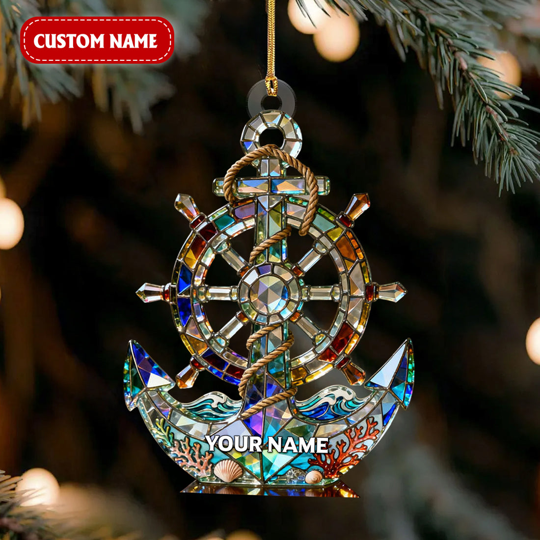 Ocean Voyage Nautical Anchor Crystal Effect Acrylic Ornament, Sailing Presents, Sailor Theme Xmas Decor