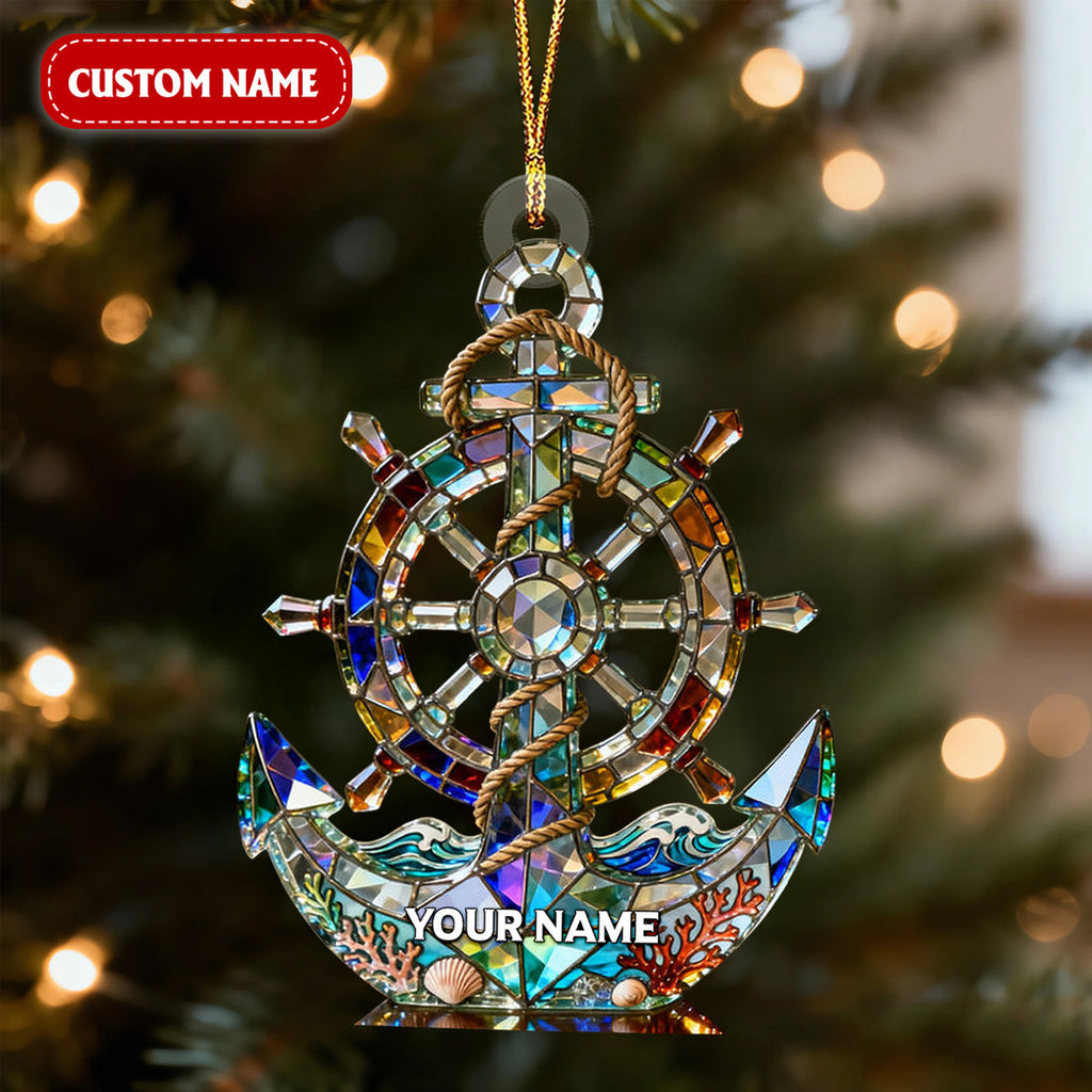 Ocean Voyage Nautical Anchor Crystal Effect Acrylic Ornament, Sailing Presents, Sailor Theme Xmas Decor