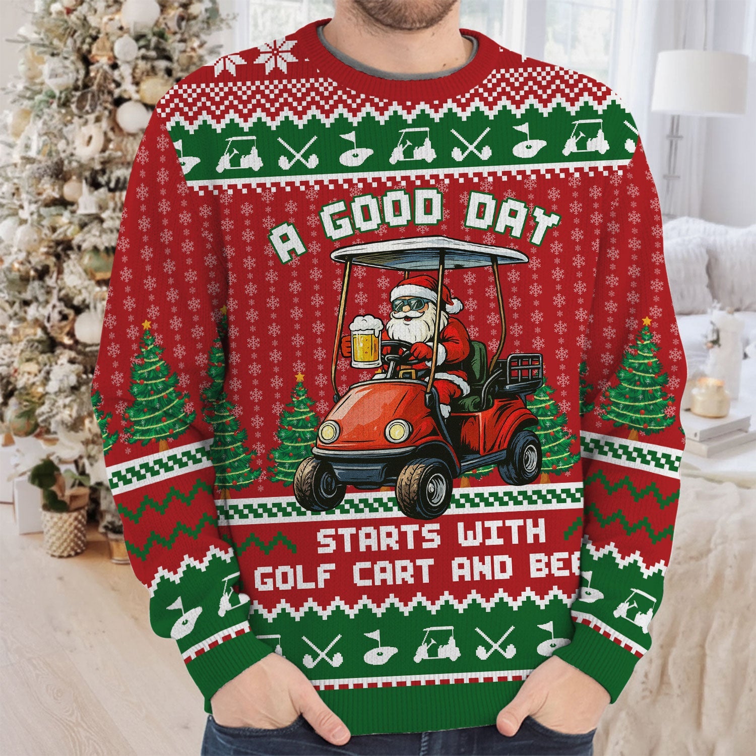 A Good Day Start With Golf Cart And Beer Christmas Ugly Sweater, Golf Ugly Christmas Sweater, Christmas Golf Shirt