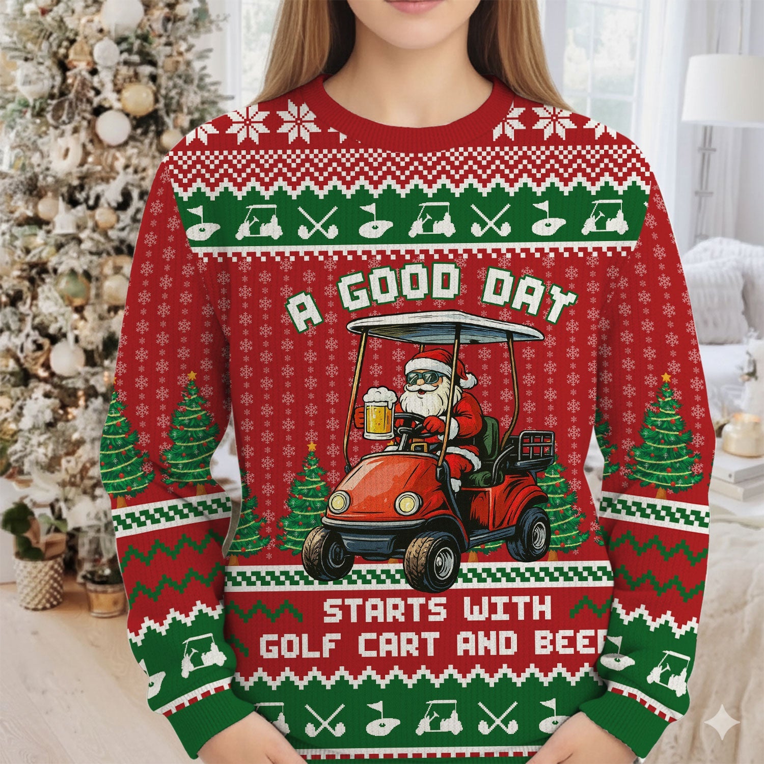 A Good Day Start With Golf Cart And Beer Christmas Ugly Sweater, Golf Ugly Christmas Sweater, Christmas Golf Shirt