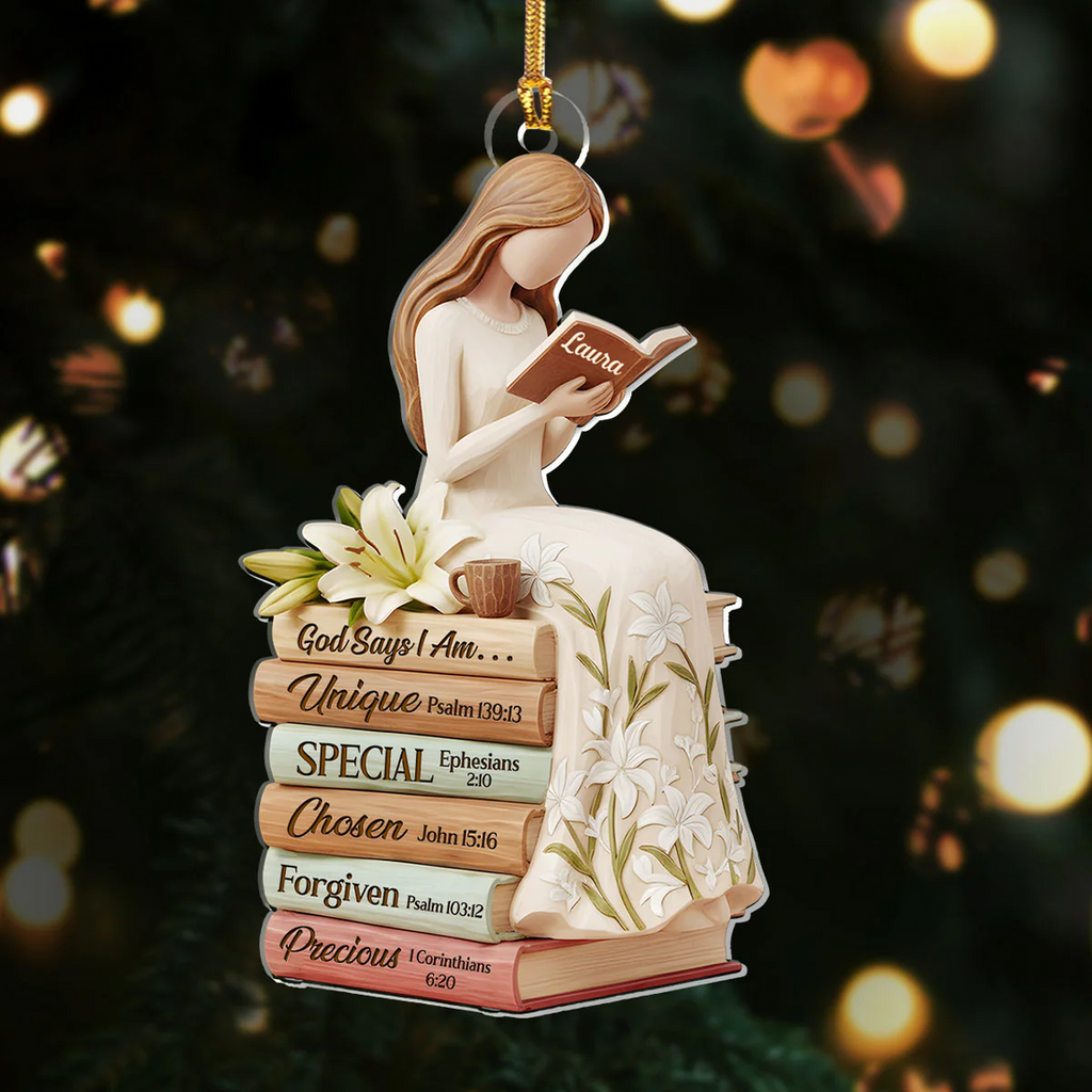 God Says I Am White Lily Flowers Custom Name Acrylic Ornament, Christian Christmas Ornaments