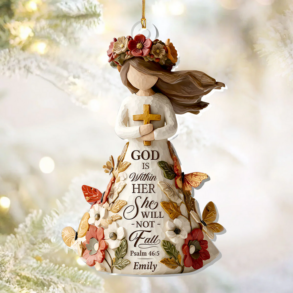 God Is Within Her She Will Not Fall Custom Name Acrylic Ornament, Christian Christmas Ornaments