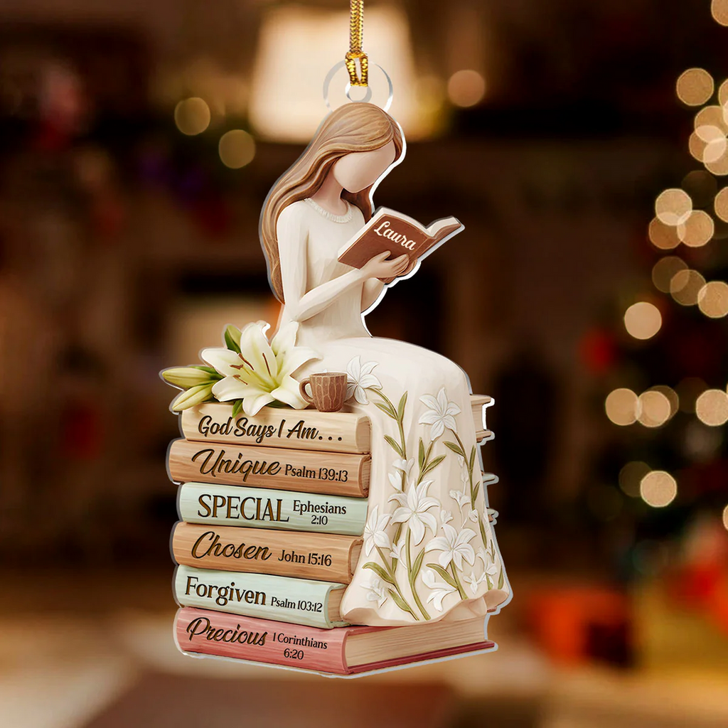 God Says I Am White Lily Flowers Custom Name Acrylic Ornament, Christian Christmas Ornaments