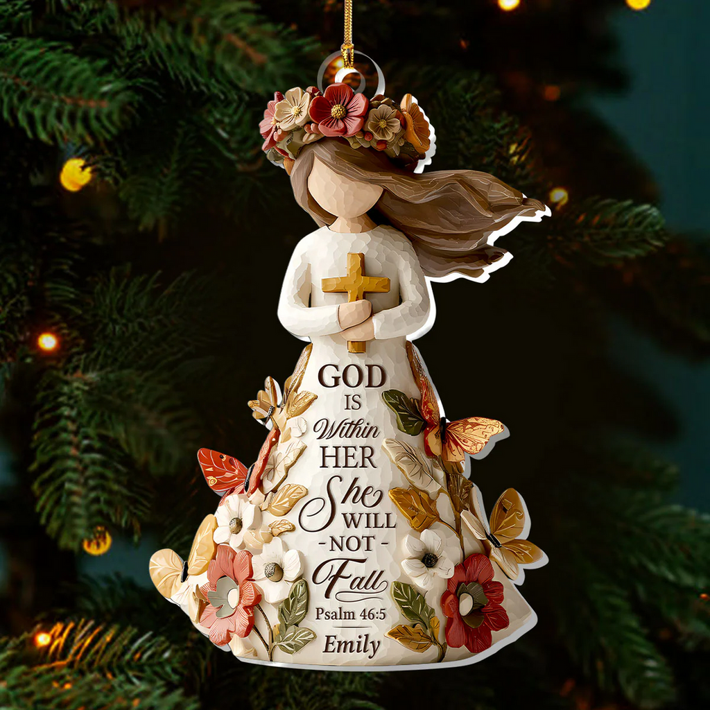 God Is Within Her She Will Not Fall Custom Name Acrylic Ornament, Christian Christmas Ornaments