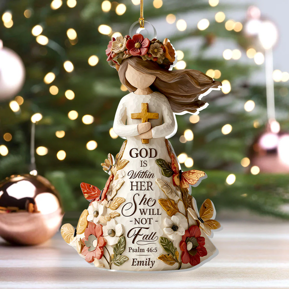 God Is Within Her She Will Not Fall Custom Name Acrylic Ornament, Christian Christmas Ornaments