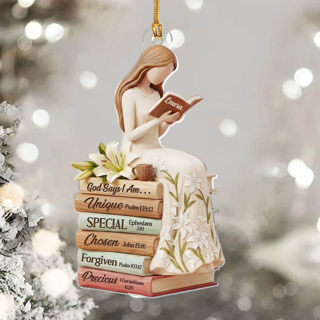 God Says I Am White Lily Flowers Custom Name Acrylic Ornament, Christian Christmas Ornaments