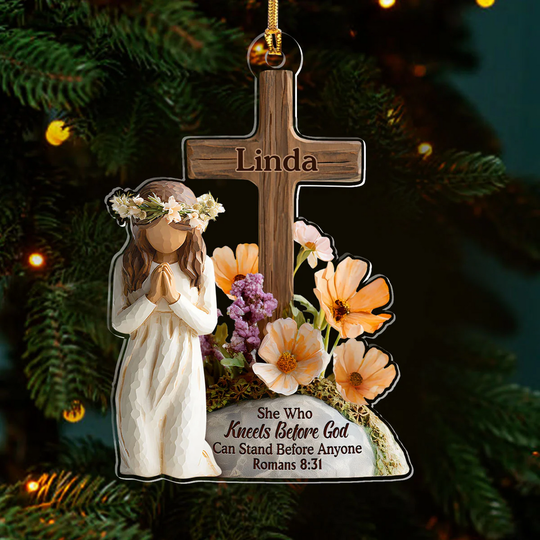She Who Kneels Before God Can Stand Before Anyone Custom Name Acrylic Ornament, Christian Christmas Ornaments
