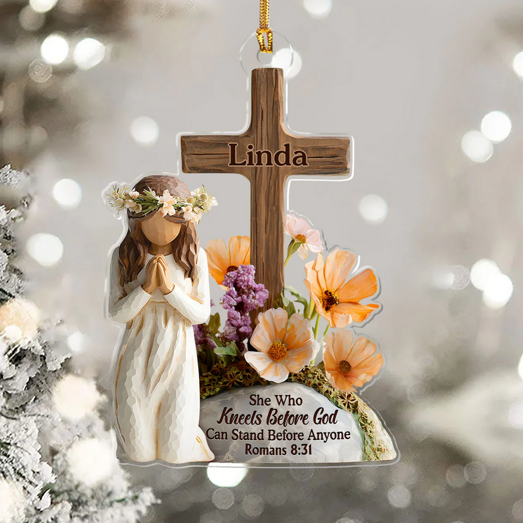 She Who Kneels Before God Can Stand Before Anyone Custom Name Acrylic Ornament, Christian Christmas Ornaments