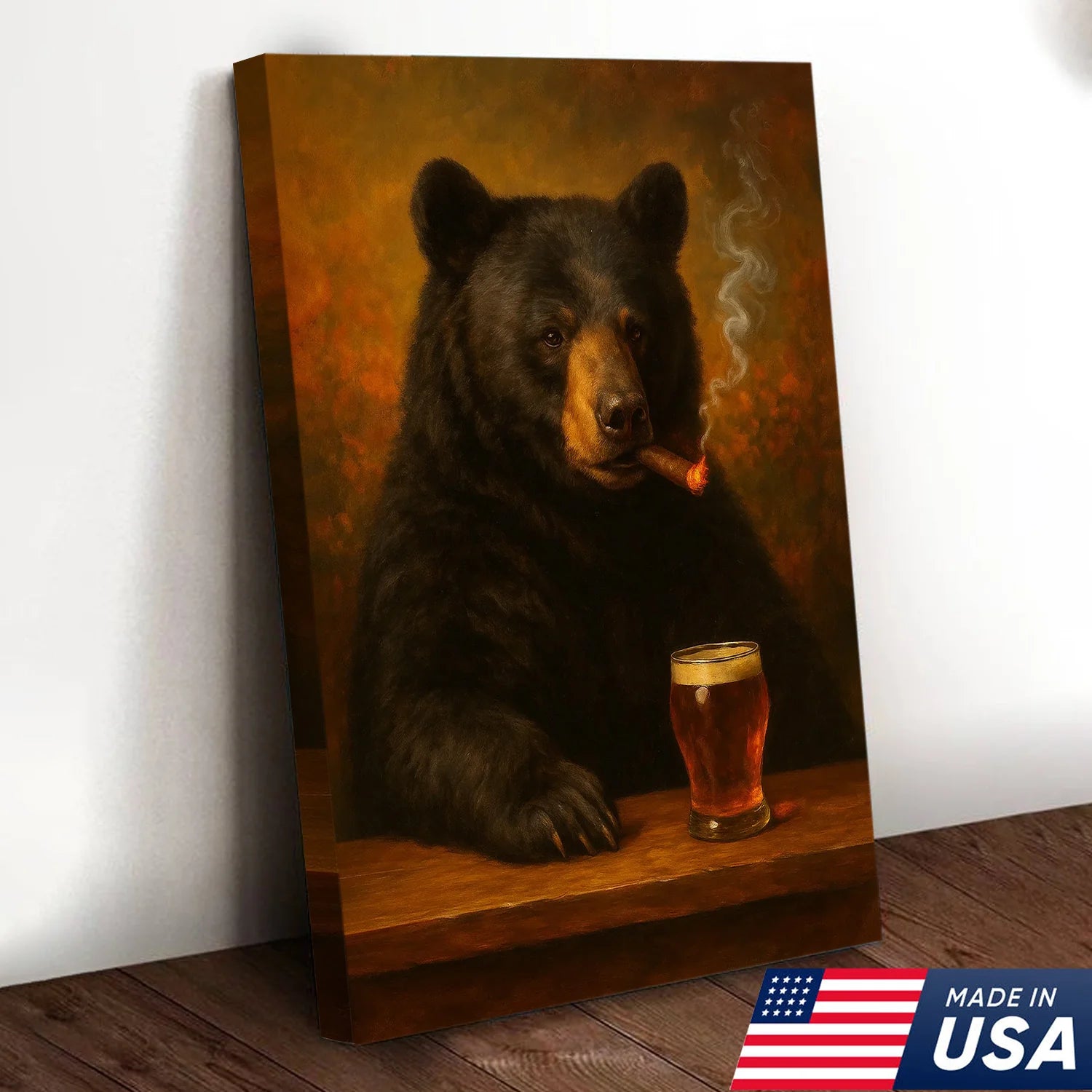 Bear Drinking Cocktail Smoking CanvasPremium Wall Art, Home Decor, Rustic Bar & Hunting Lodge Decor