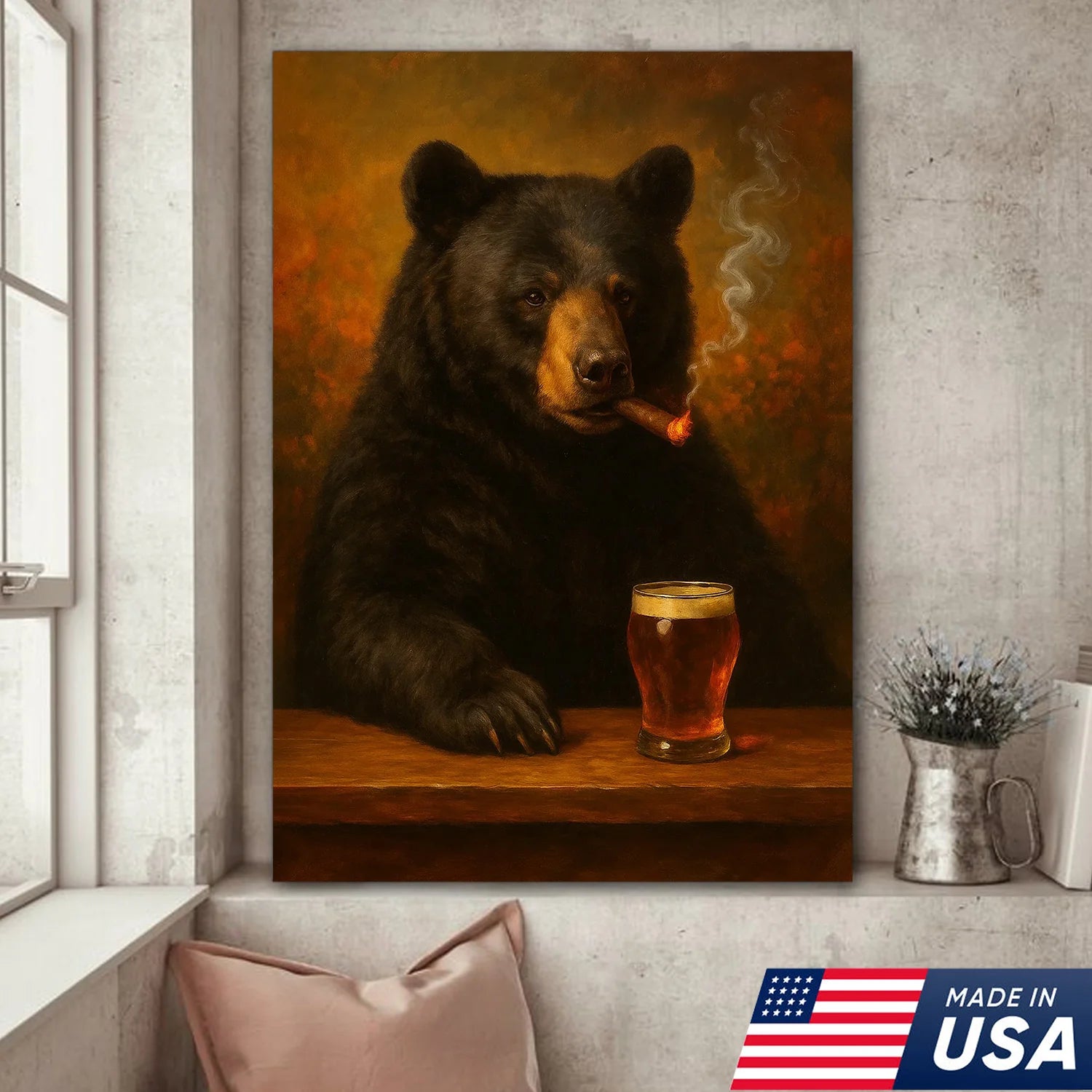Bear Drinking Cocktail Smoking CanvasPremium Wall Art, Home Decor, Rustic Bar & Hunting Lodge Decor